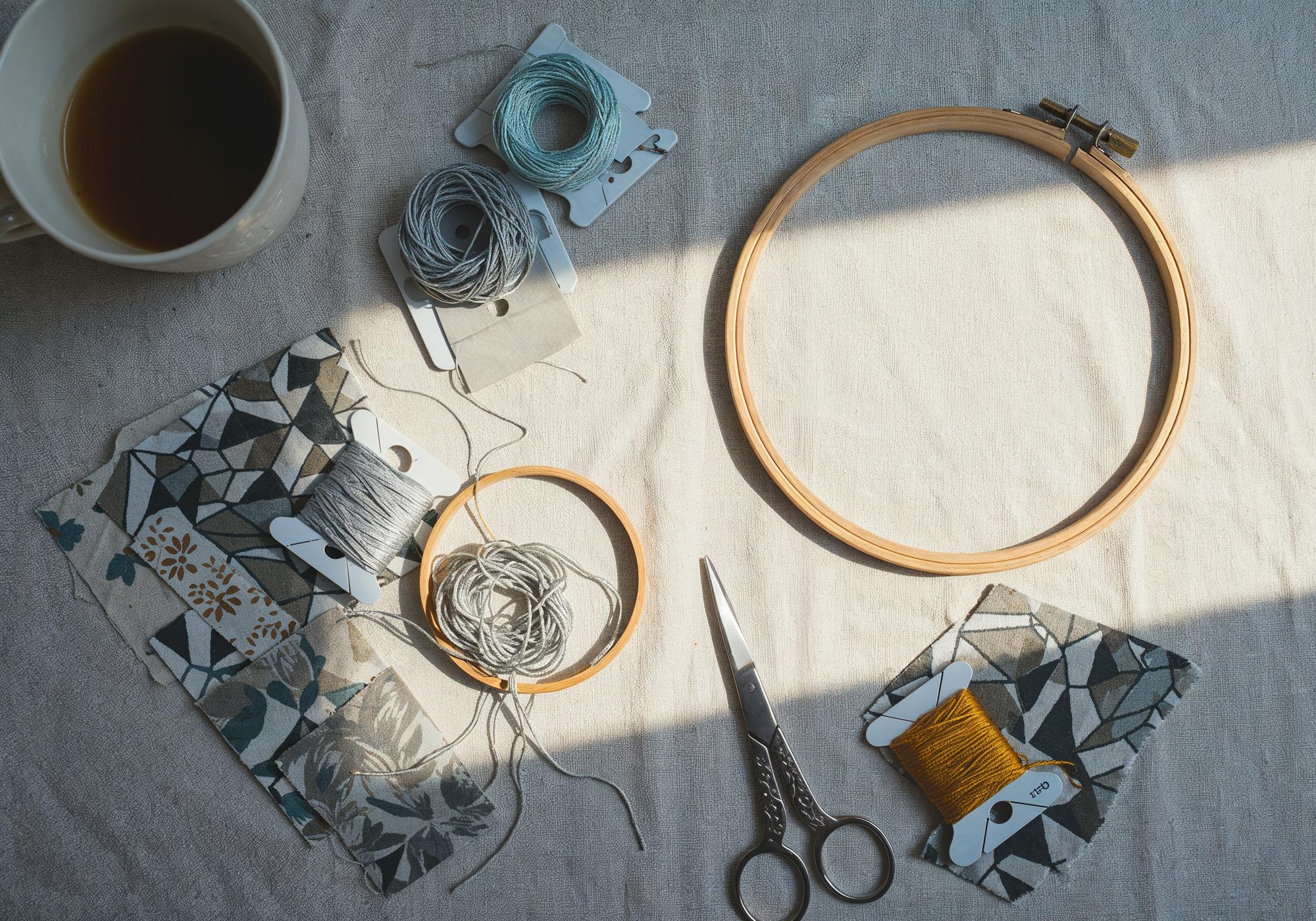 Atelier table with threads, hoops and sketches