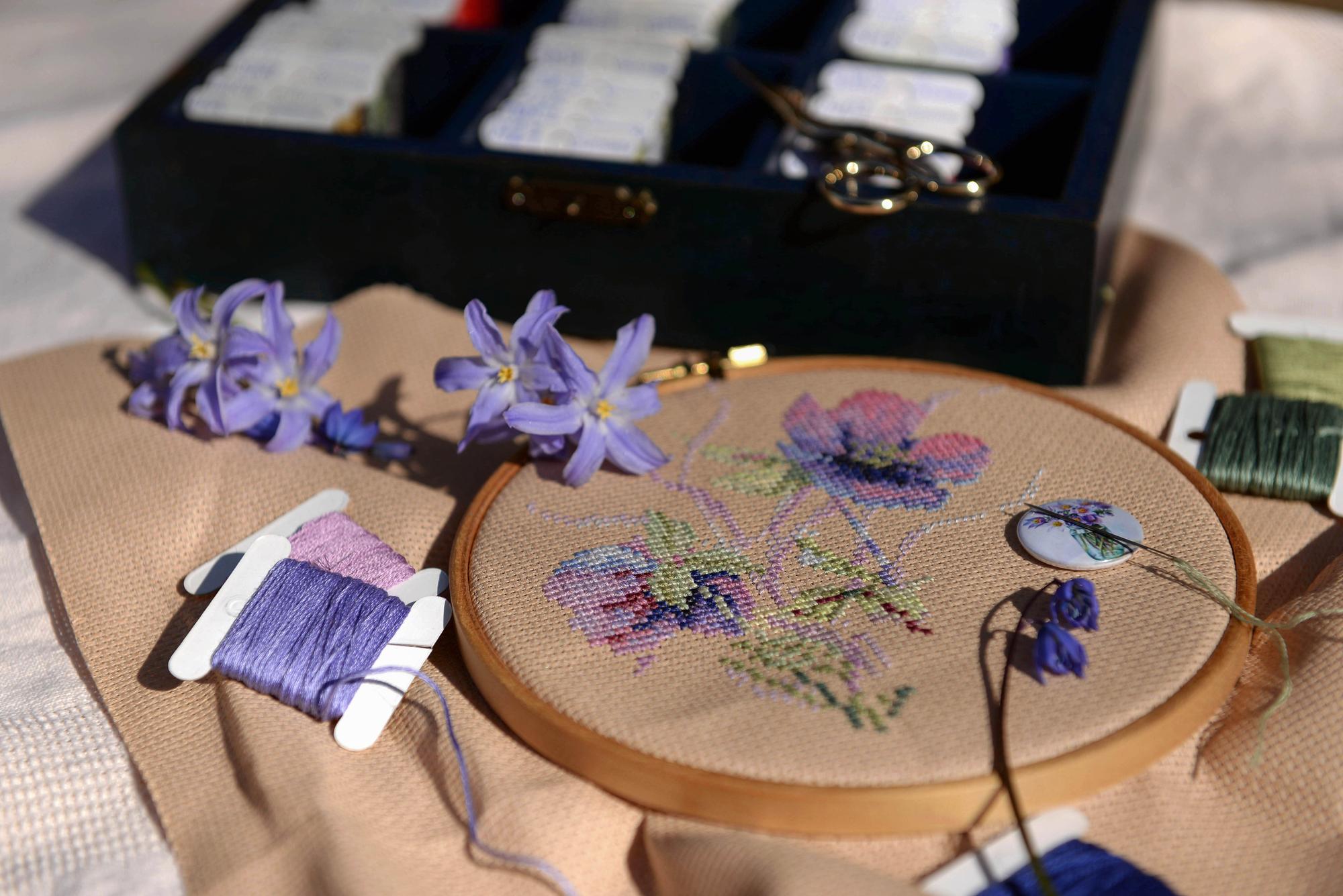 Framed embroidered botanical study